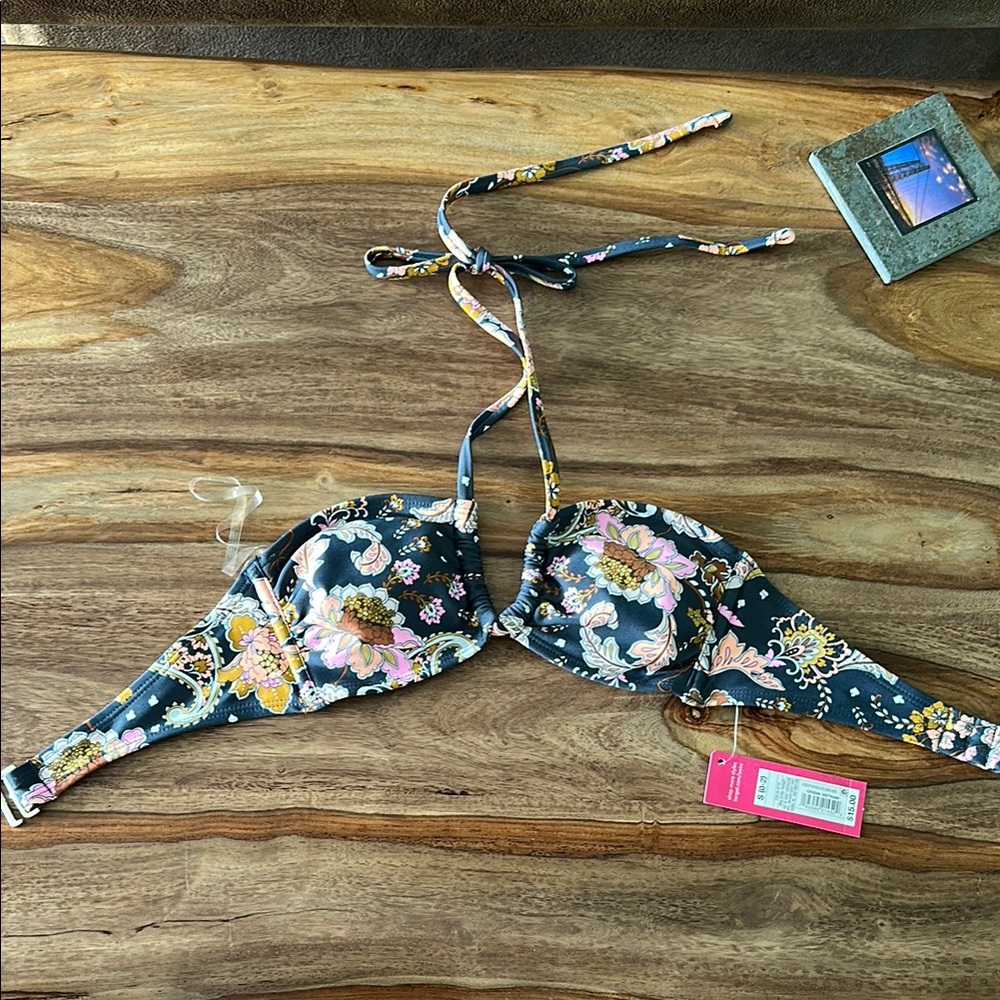 Xhilaration Women's Navy Paisley Plunge Halter Neck Swim Bikini Top Size S 0-2